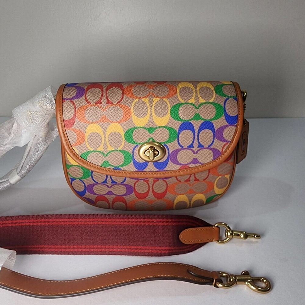 NWT Coach CA101 Willow Saddle Bag Rainbow Signature Canvas Pride LGBTQ